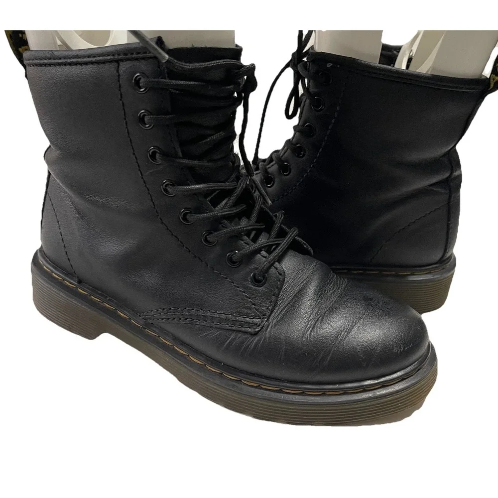 Dr. Martens Leather Combat Boots Youth Size 2 Lace Up Side Zip Preppy Goth 1460J